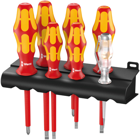 ASSORTIMENTO DI GIRAVITE KRAFTFORM PLUS SERIE 100 + TESTER DI FASE UNIPOLARE + SUPPORTO, 7 PEZZI 05006147001 WERA 160 I/7 VDE R