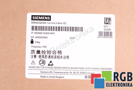 6SE6400-7AA00-0AR1 SIEMENS MICROMASTER 420/430/440 24V VENTILATORE