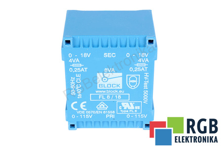 FL8/18 BLOCK 2 X 115V, 2 X 18V, 8 VA, 50HZ / 60HZ TRASFORMATORE