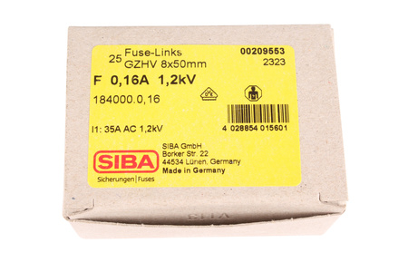 FUSIBILE 184000.0.16 SIBA 1200V, 0.16A, 8MM, 50MM